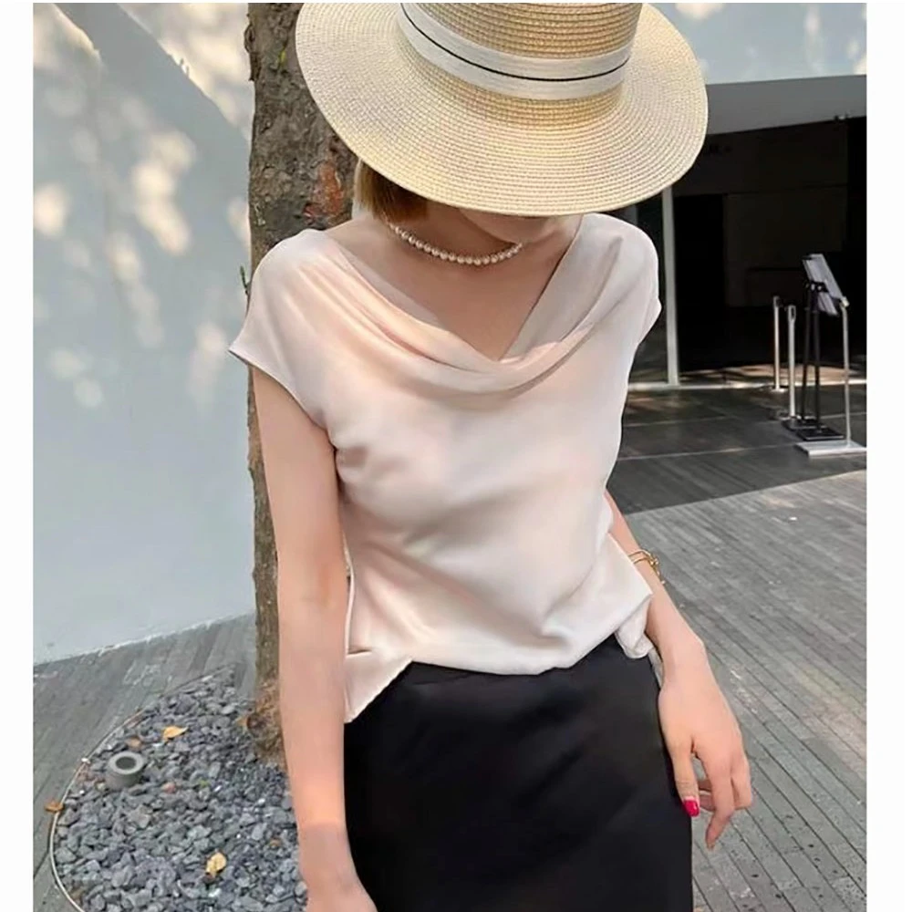 【晓时尚fashion】法式气质纯色荡领醋酸T桖上衣  微瑕  介意勿拍