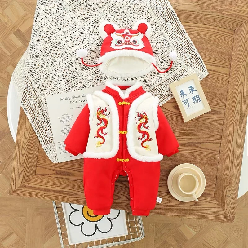 拜年服红色双龙爬服男女宝宝中国风喜庆连体衣抓周礼服百日宴拍照