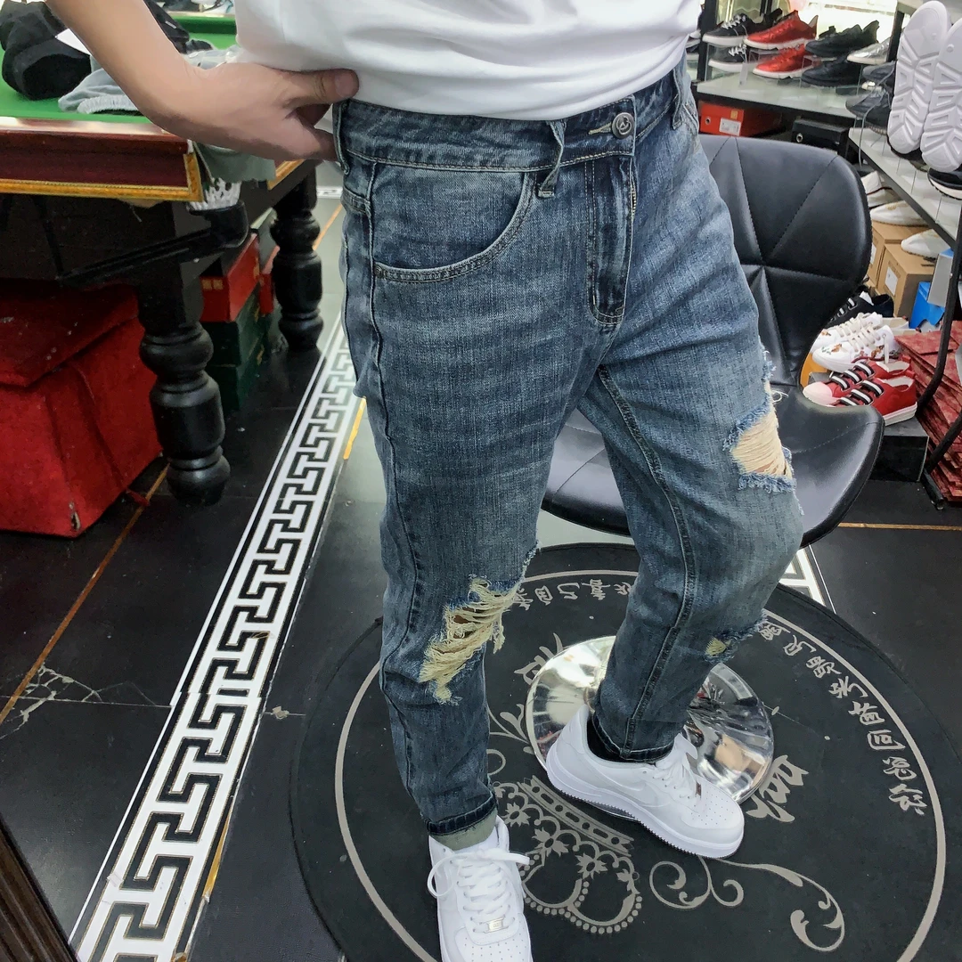 男士潮流破洞修身高弹牛仔裤