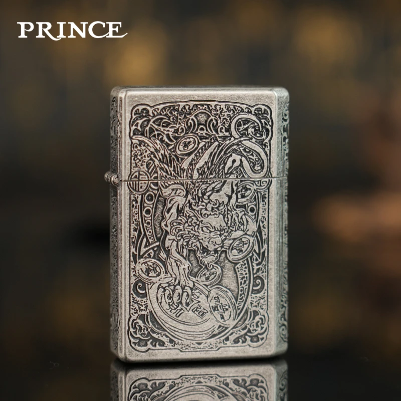日本PRINCE王子极酷纯铜煤油打火机七面雕刻古银貔貅招财进宝