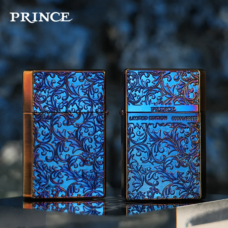日本PRINCE王子极酷纯铜煤油打火机双面熏金雕刻限量幸运富贵唐草