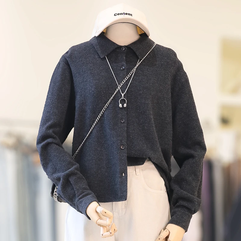 zaw大码POLO领针织开衫女春秋宽松减龄显瘦长袖毛衣外套/24577