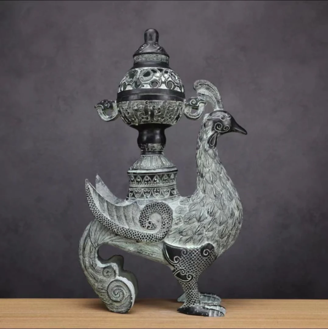锌合金高35凤鸟熏香炉，仿古青铜器现代工艺家居玄幻桌面摆件
