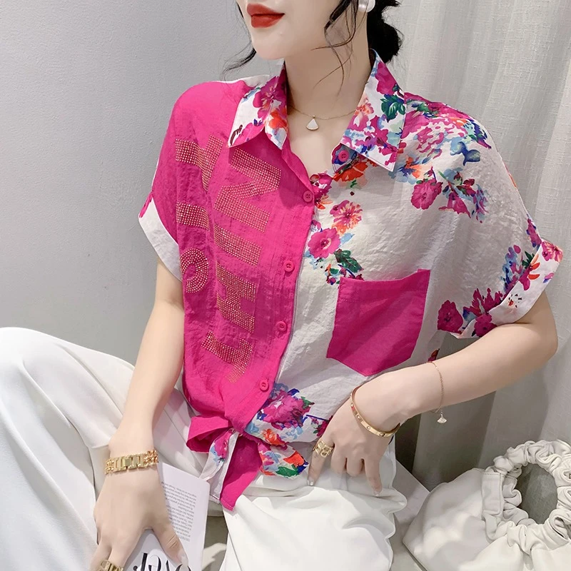 中国风印花拼色短袖衬衫女烫钻2024夏装宽松上衣下摆打结时尚衬衣