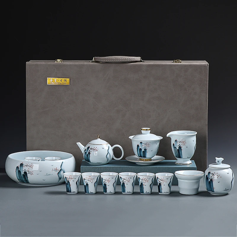 羊脂玉白瓷悬停盖碗家用陶瓷喝泡茶客厅轻奢礼盒套装整套功夫茶具