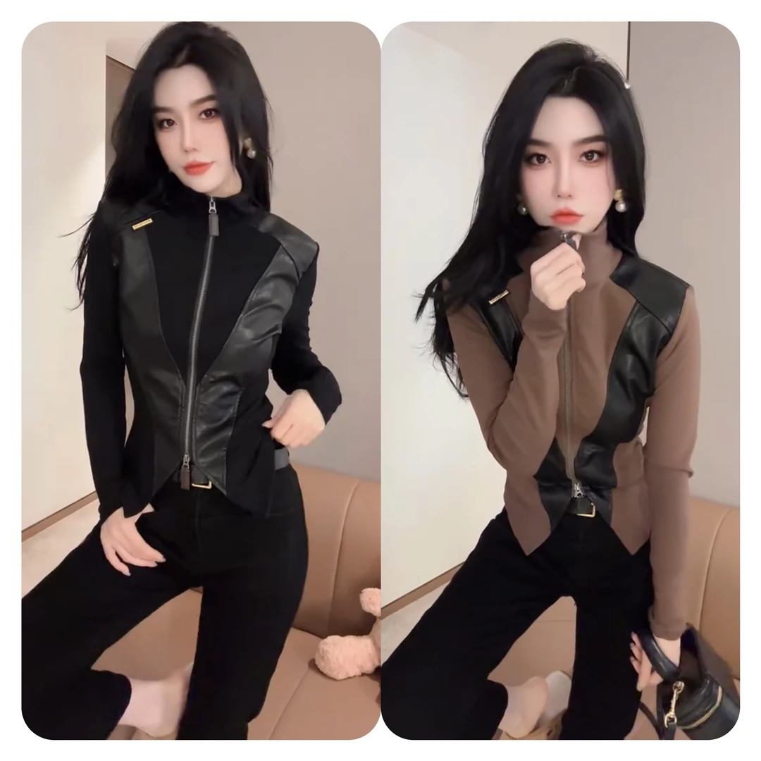 欧洲站设计感双拉链立领长袖t恤女24秋冬季新款潮流时尚百搭上衣