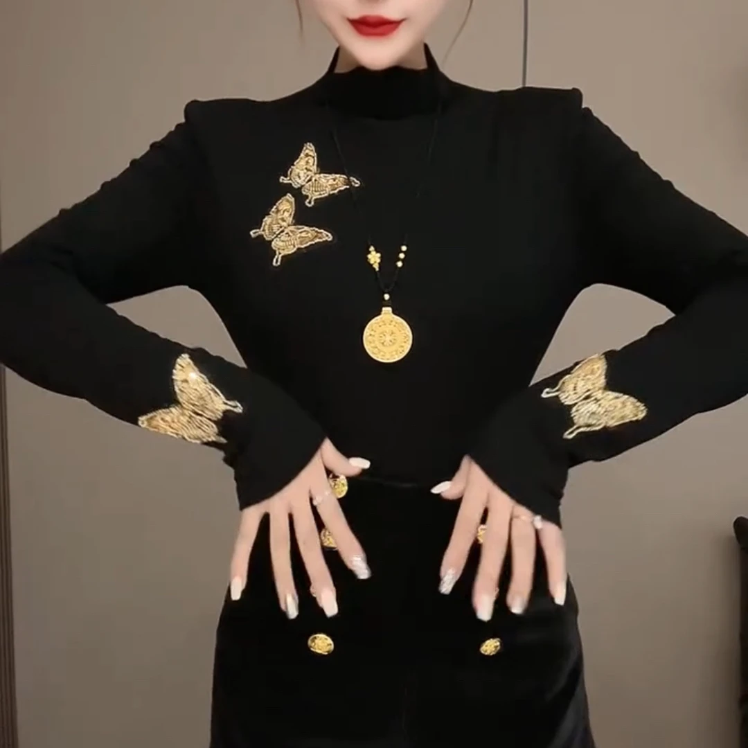 重工钉珠蝴蝶加绒保暖t恤衫秋冬时尚洋气百搭修身显瘦气质减龄女