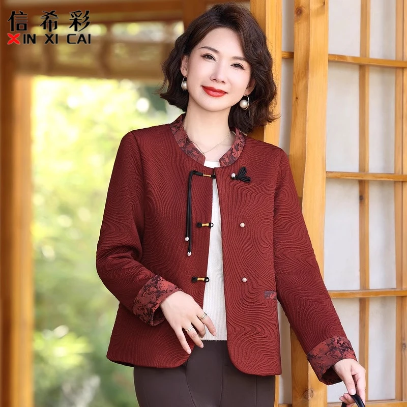 中式国风秋季喜婆婆婚宴礼服短款中老年妈妈秋装小香风外套红色