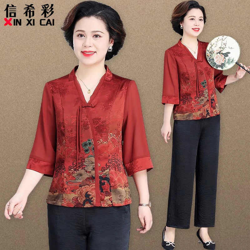 妈妈夏装新中式国风上衣小衫七分袖老年人衣服奶奶夏季套装60岁70