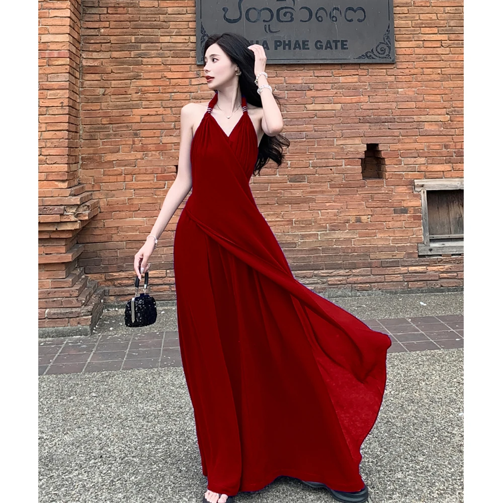 法式复古挂脖吊带连衣裙女夏季小众v领露背裙子三亚海边度假长裙