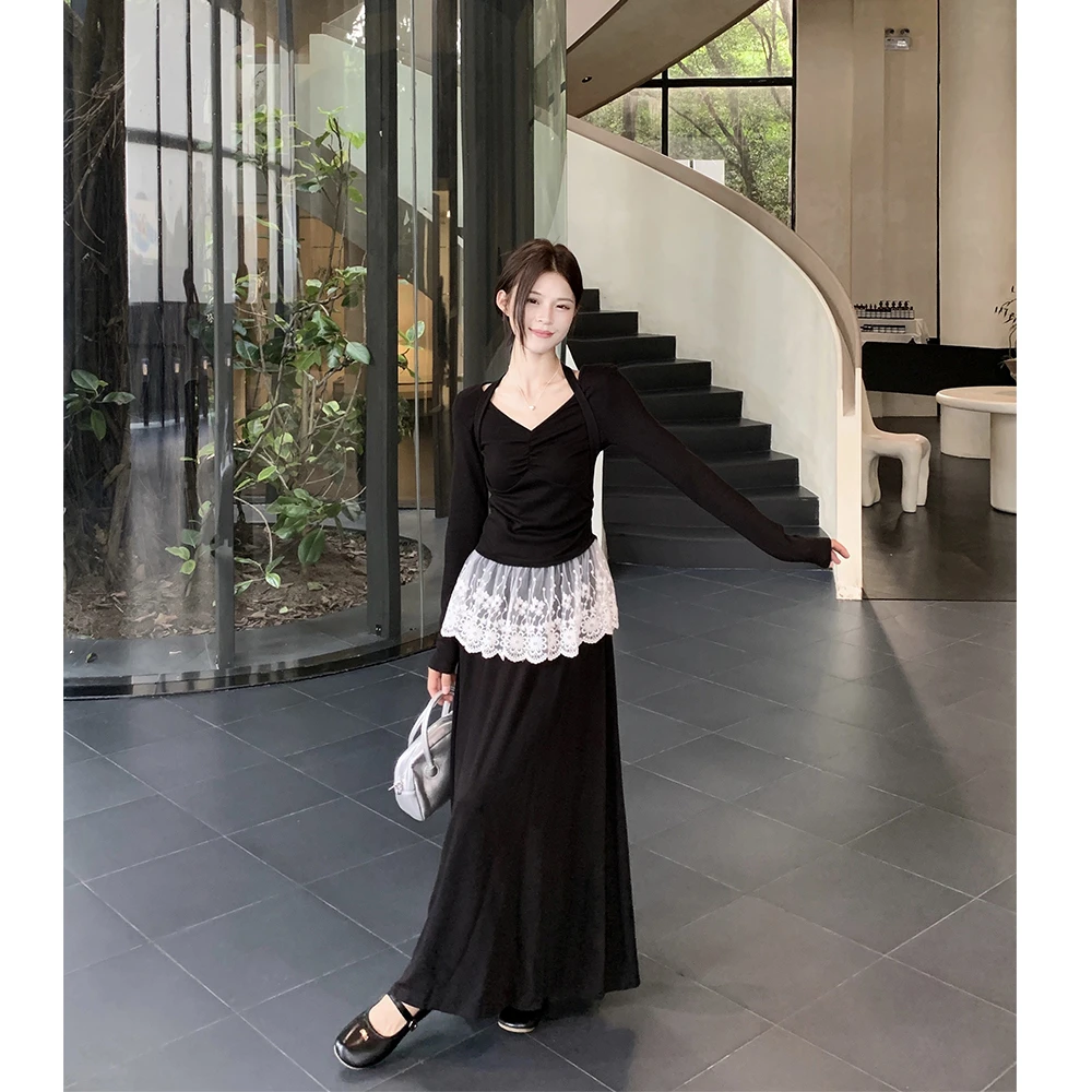 赫本风蕾丝拼接V领时尚套装女2024秋季新款休闲半身裙气质两件套