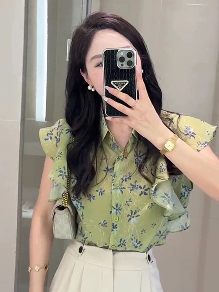 碎花雪纺短袖衬衫女夏款漂亮荷叶边小飞袖上衣女8563