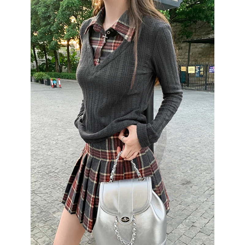 2025春秋季女装格纹修身显瘦设计感拼接假两件上衣