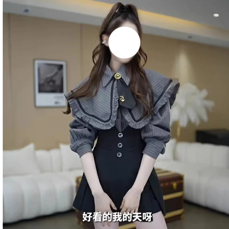 两件套学院风甜美套装女高级感春季娃娃领衬衫短裙时尚