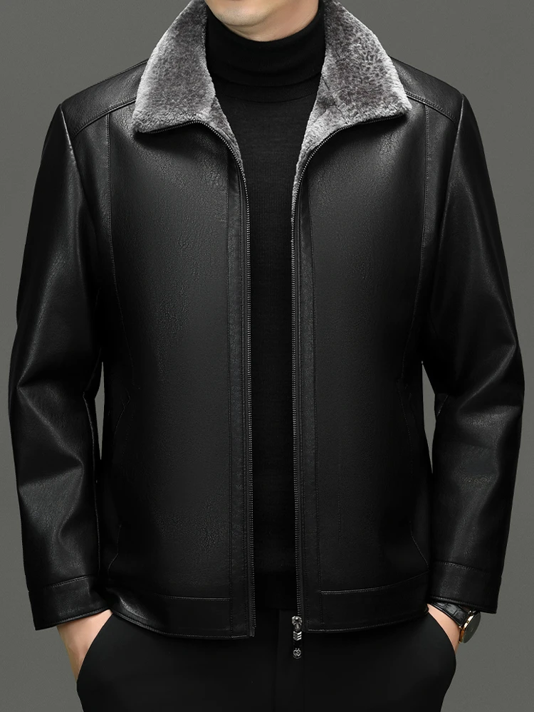 加绒加厚真皮保暖外套翻领保暖商务爸爸休闲中老年中年57 2365