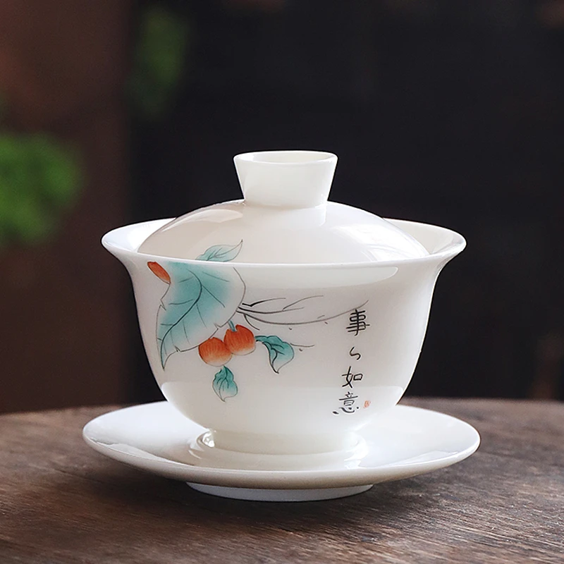 子规羊脂玉手绘陶瓷盖碗套装茶道简约盖碗容量手工防烫中式茶具壶