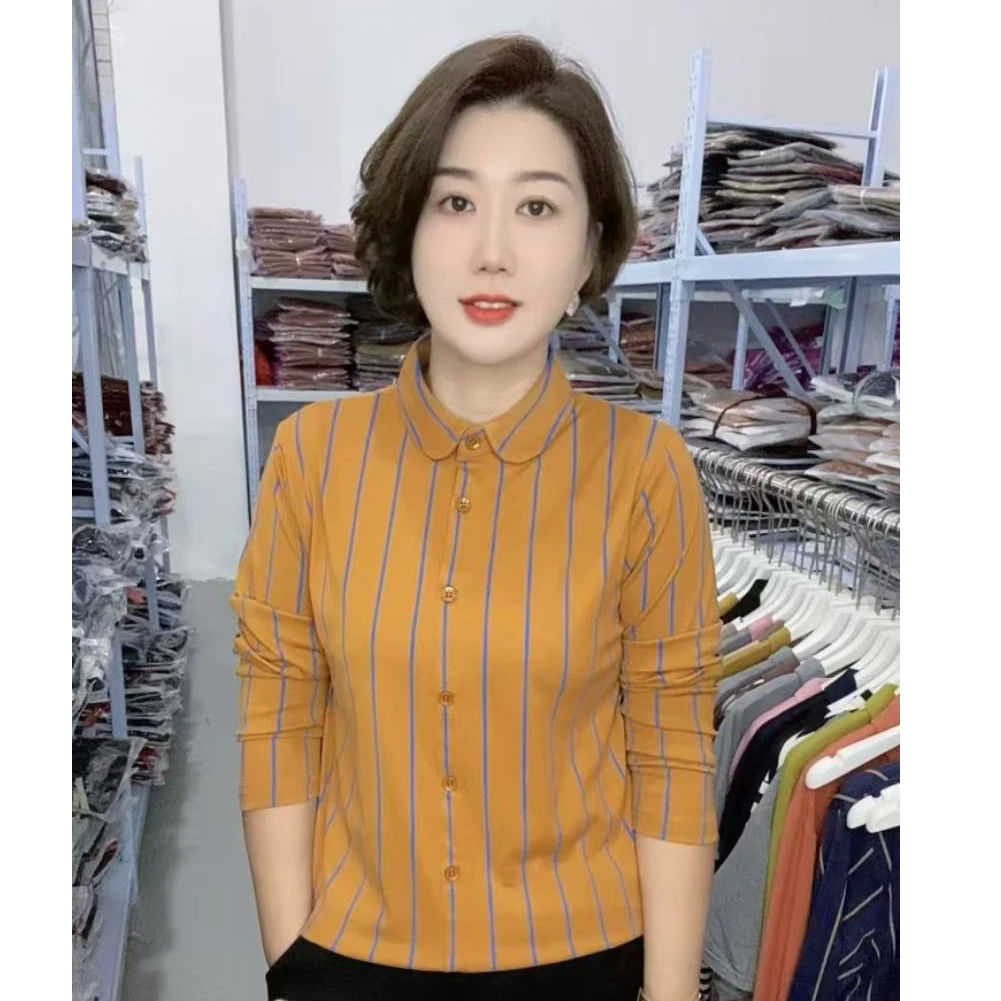 春秋套头条纹翻领时尚百搭打底气质显瘦洋气长袖上衣