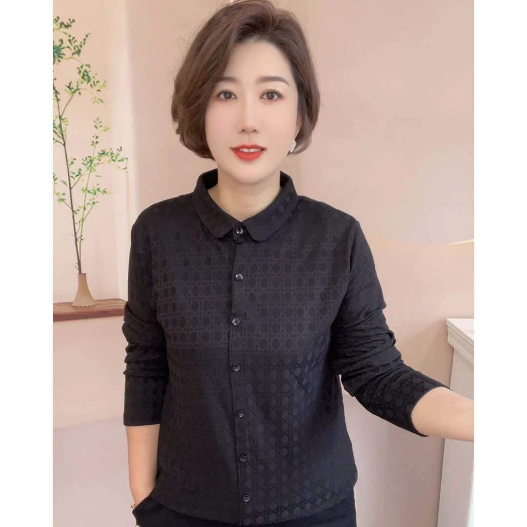 2024冬季新款【加绒加厚】女士时尚简约百搭宽松提花翻领长袖打底衫