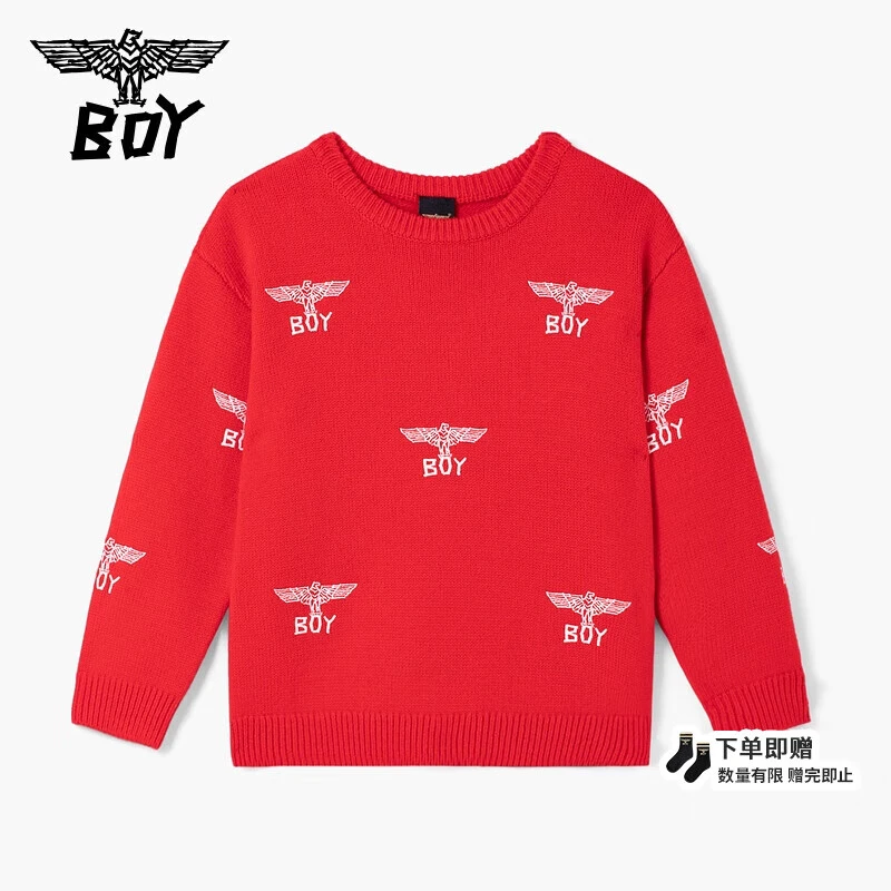 BOY JUNIOR秋冬儿童潮牌卫衣logo满印宽松舒适红色针织套头衫男女