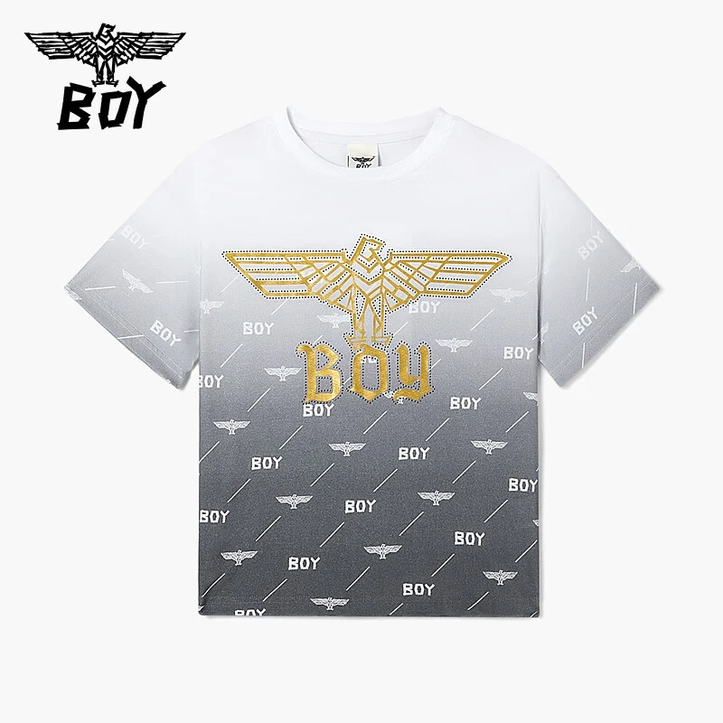 BOYLONDON童装 儿童夏季短袖白灰渐变金标潮流百搭圆领T恤男女童