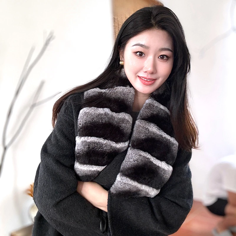 皮草围巾女獭兔毛高级感毛绒围脖龙猫围巾青紫蓝百搭围巾宽版披肩