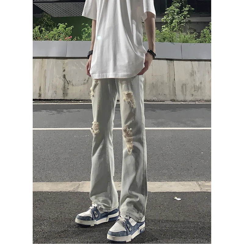 美式vibe破洞水洗牛仔裤男夏季高街潮牌修身痞帅直筒微喇做旧裤子