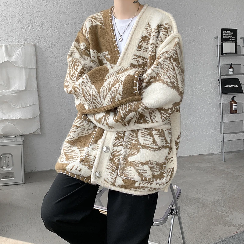 慵懒风开衫V领毛衣针织衫外套男秋冬美式潮牌宽松松弛感线衣夹克