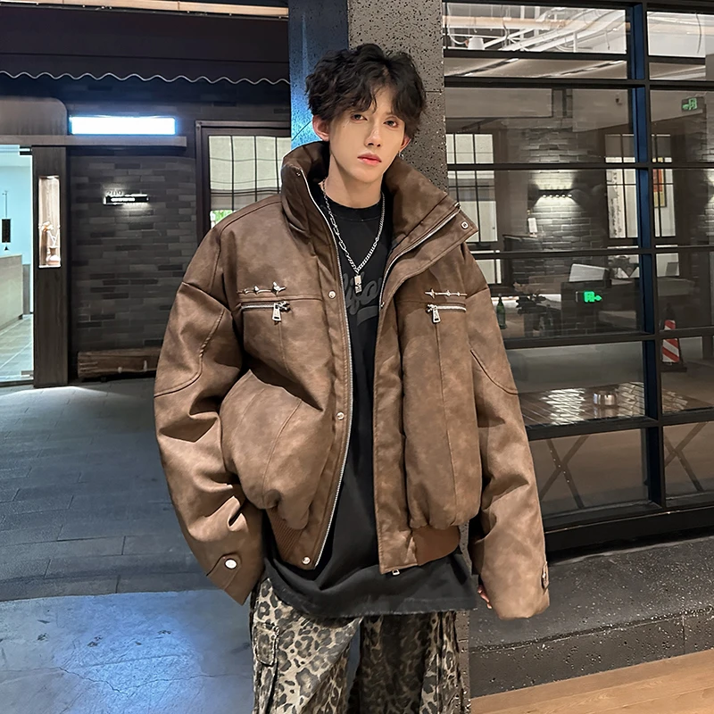 美式高街高领短款pu皮棉服棉衣外套男冬季加厚潮牌高级感痞帅棉袄