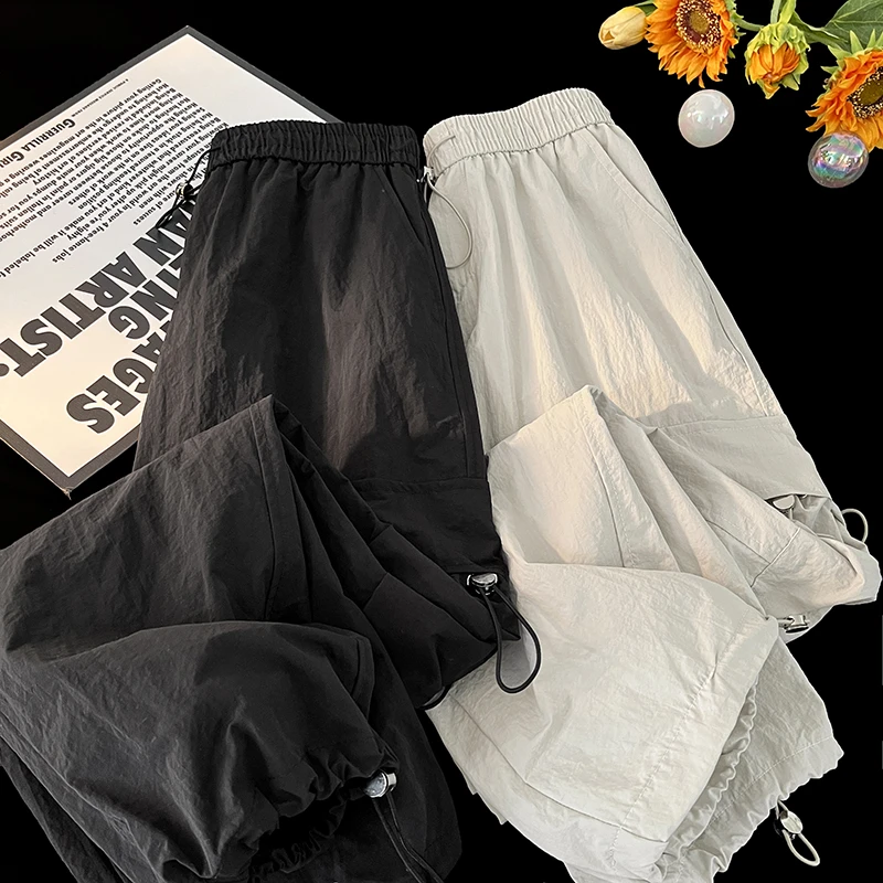 冰丝速干抽绳束脚工装裤男夏季薄款美式潮牌宽松直筒运动休闲裤子