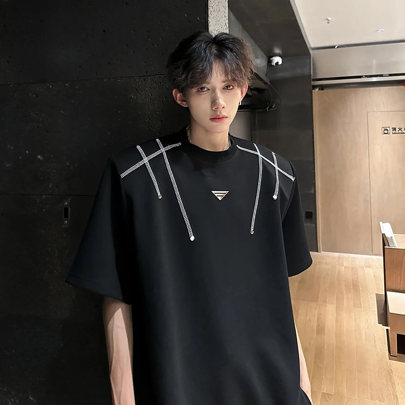 美式高街重磅300g短袖t恤男夏季潮牌高级感小领口垫肩五分半中袖