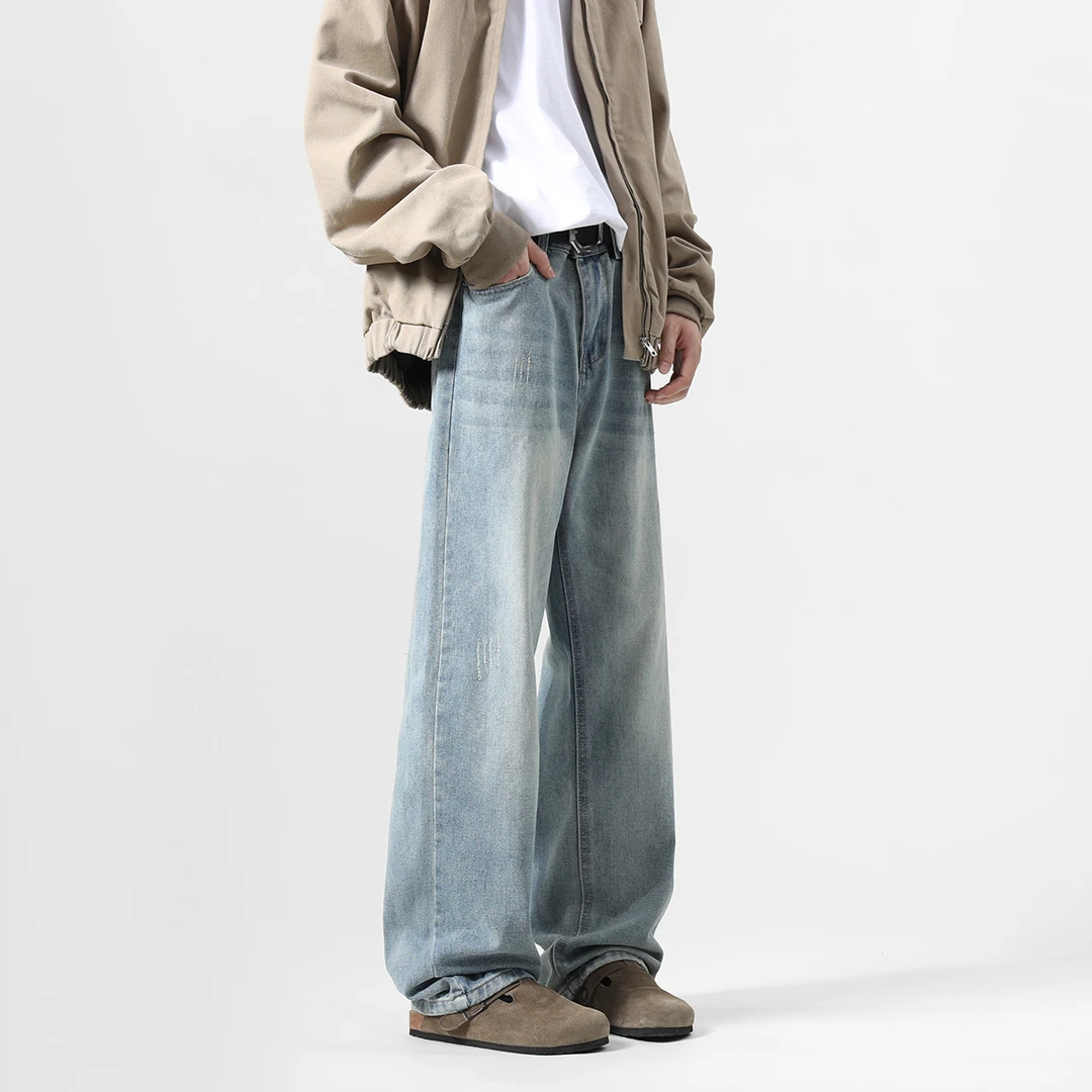 美式复古水洗拖地牛仔裤男春秋高街vibe潮牌百搭宽松直筒阔腿裤子