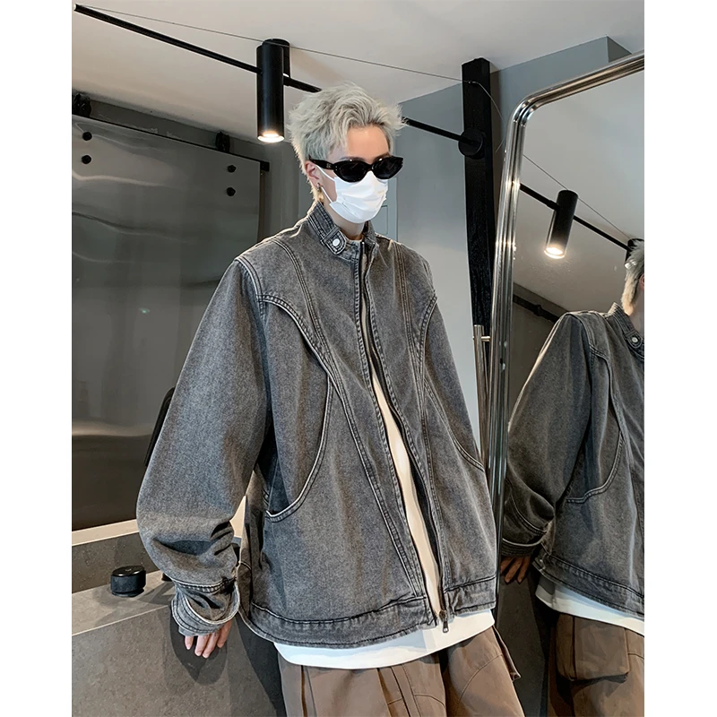 水洗做旧解构立领牛仔外套男春秋美式高街潮牌高级感痞帅工装夹克
