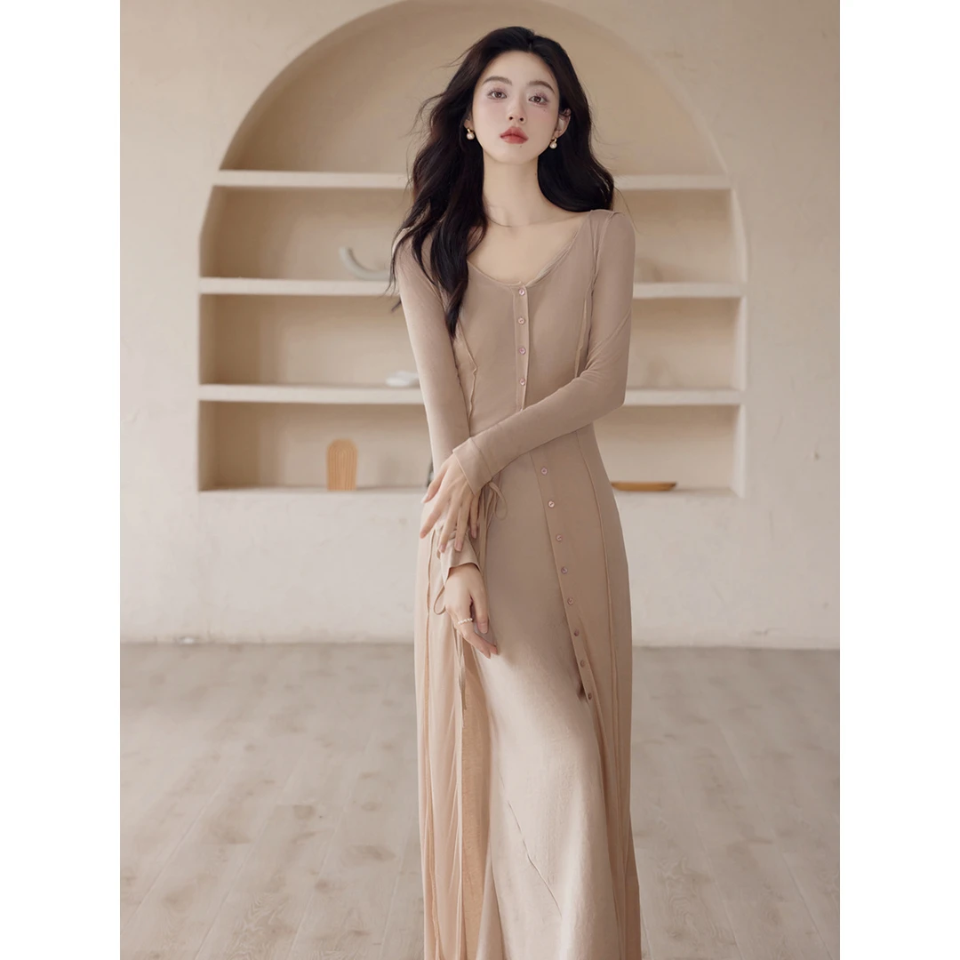 秋季优雅针织长开衫斜鱼尾吊带长款连衣裙两件套显瘦气质轻奢小众