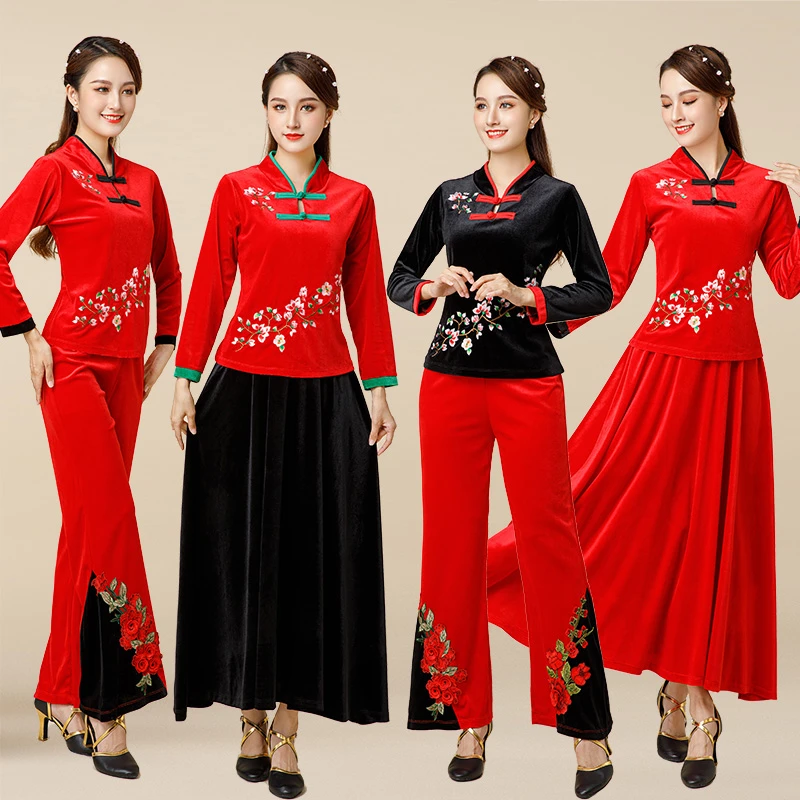 悦姿美特广场舞服装秋冬季新款刺绣长裙套装女金丝绒长袖中老年舞