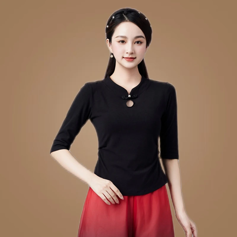 网红推荐广场舞服装新款中袖上衣民族风古典舞莫代尔t中国风百搭