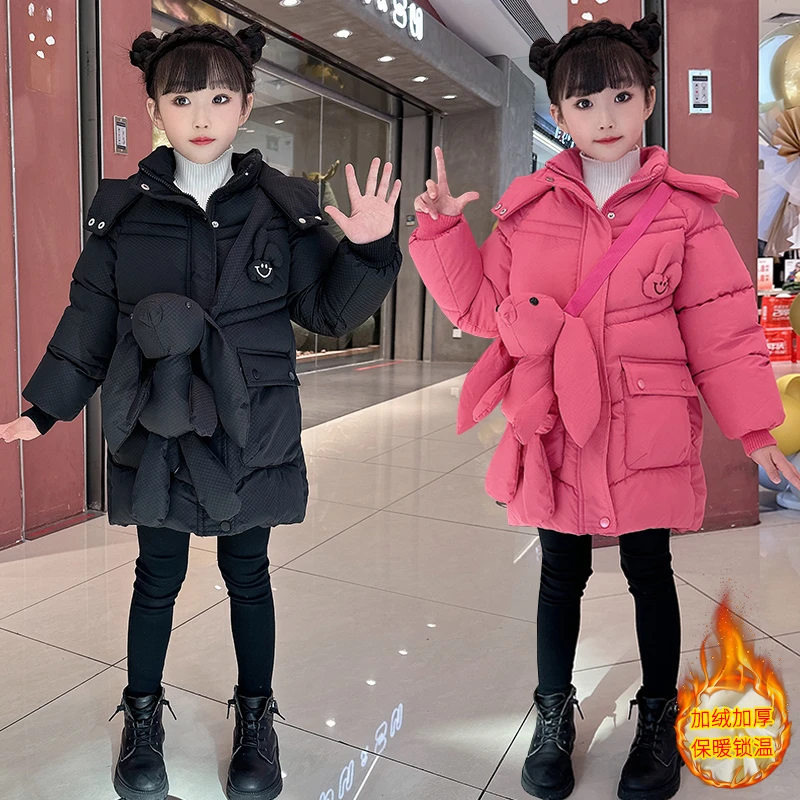 女童新款棉服加绒加厚冬款女孩棉衣洋气时尚连帽中长款棉袄外套潮