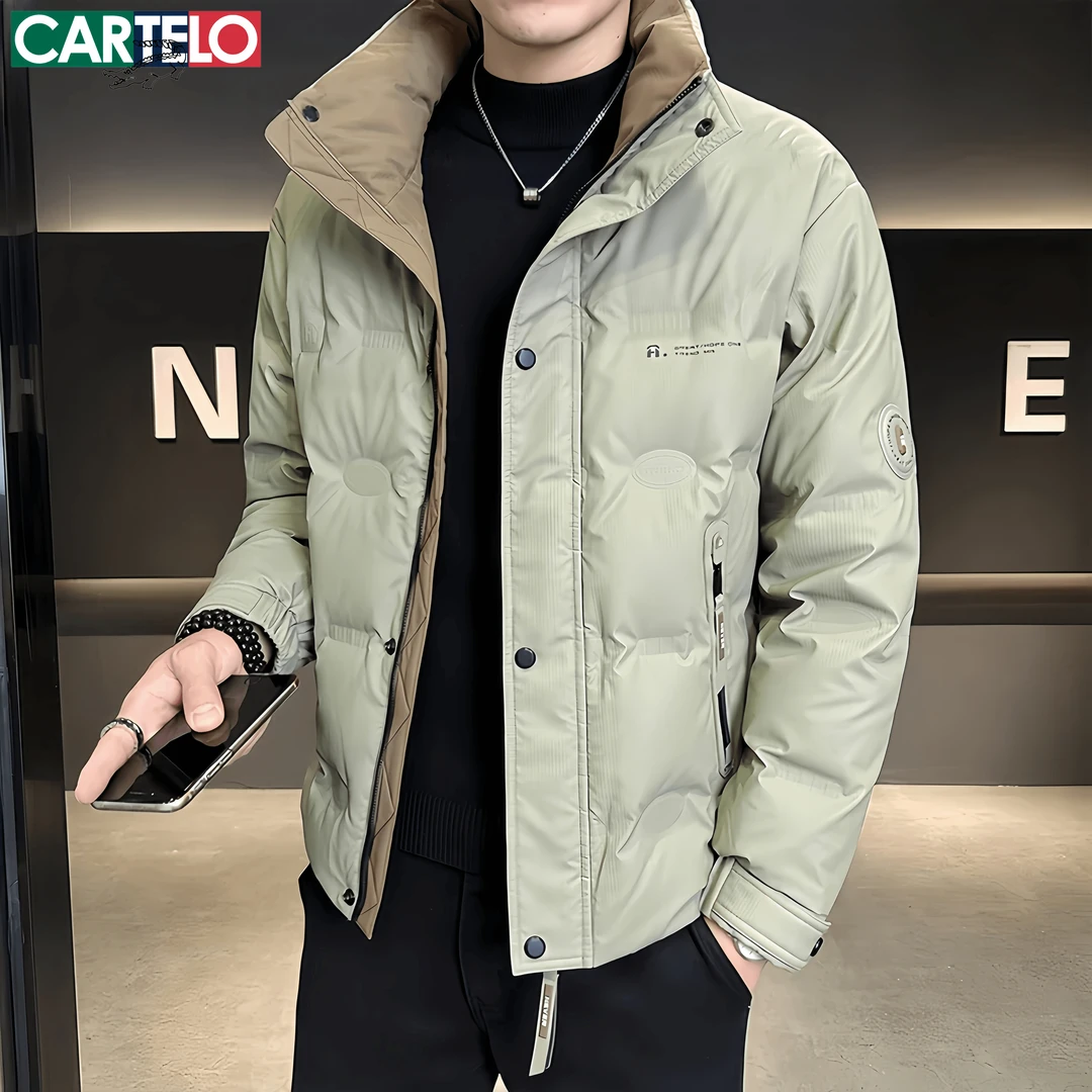 卡帝乐鳄鱼冬季时尚拼色立领款羽服男士韩版修身御寒丝绒保暖外套