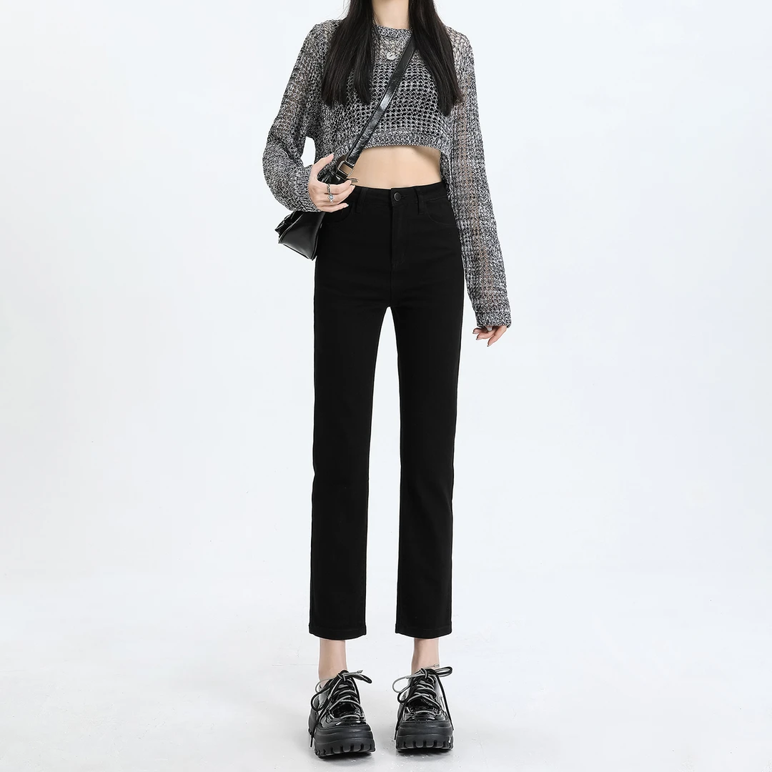 春季时尚直筒牛仔裤烟管裤休闲潮女高腰显瘦百搭弹力九分裤潮舒适