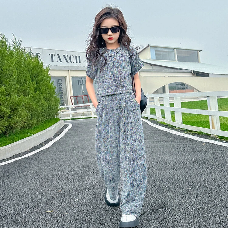 女童亮闪闪垂直休闲套装2024夏季中大童气质烫钻短袖阔腿裤两件套