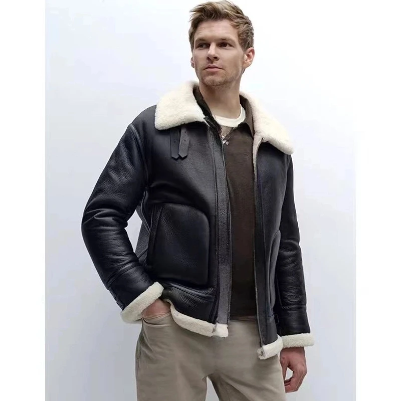 21111-男士黑色绵羊皮白色羊毛领皮衣