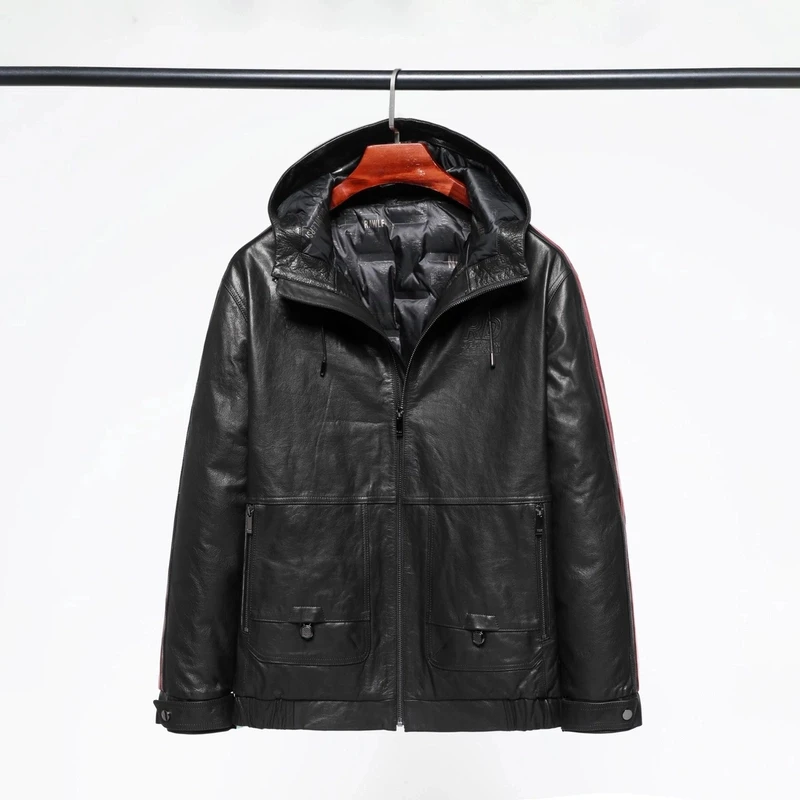 6616-男士牛皮连帽皮衣休闲外套