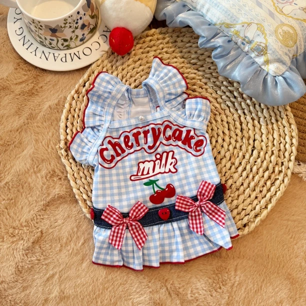 蓝色格纹小樱桃秋季一抹蓝宠物衣服狗狗衣服猫狗同款小型犬衣服