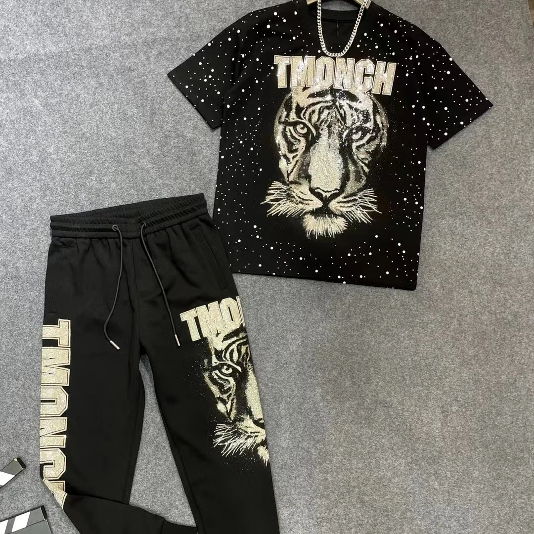 骁洋 11796-98新款潮牌烫钻满钻短袖T恤男大码潮宽松韩版半袖套装