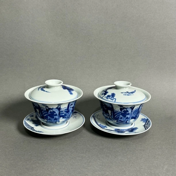 古玩/收藏 清康熙青花人物故事图三才盖碗