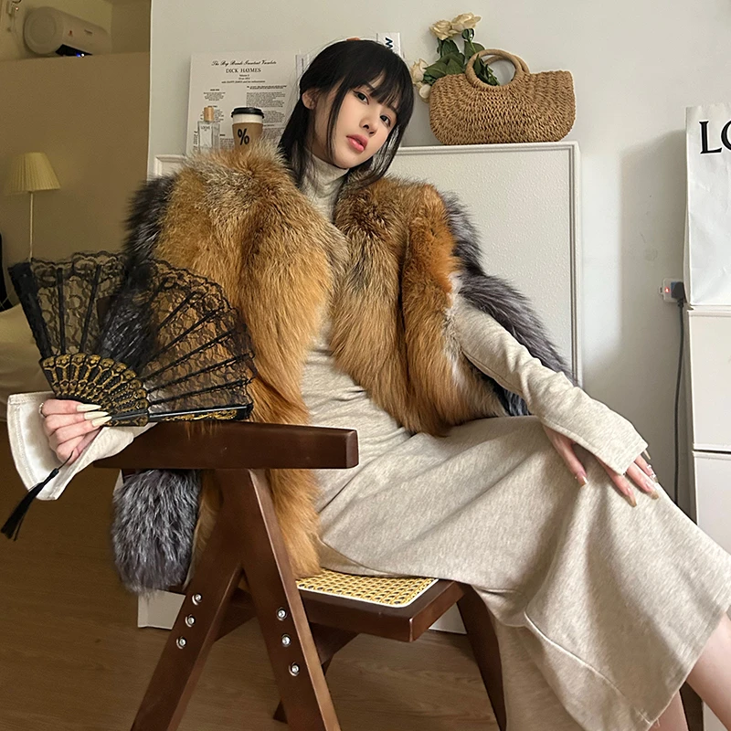 狐狸毛斗篷皮草女外套宽松2023新款冬季皮毛一体真毛毛披肩欧美风