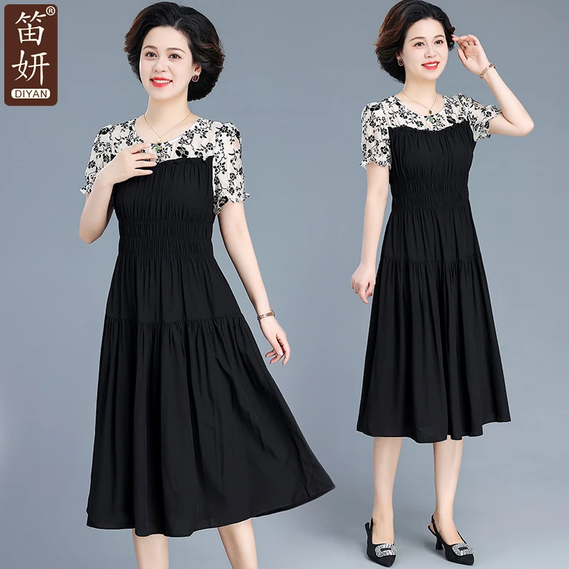 新款短袖拼接假两件连衣裙2024年夏季显瘦时尚百搭减龄妈妈裙子