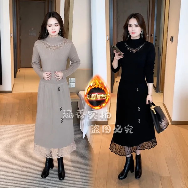 起素品牌  针织连衣裙秋冬新款时尚显瘦长袖加绒打底裙子 1070