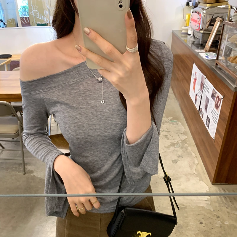 澳丝纯纯欲内搭可外穿打底衫女秋冬季独特漂亮辣妹斜肩长袖T恤女