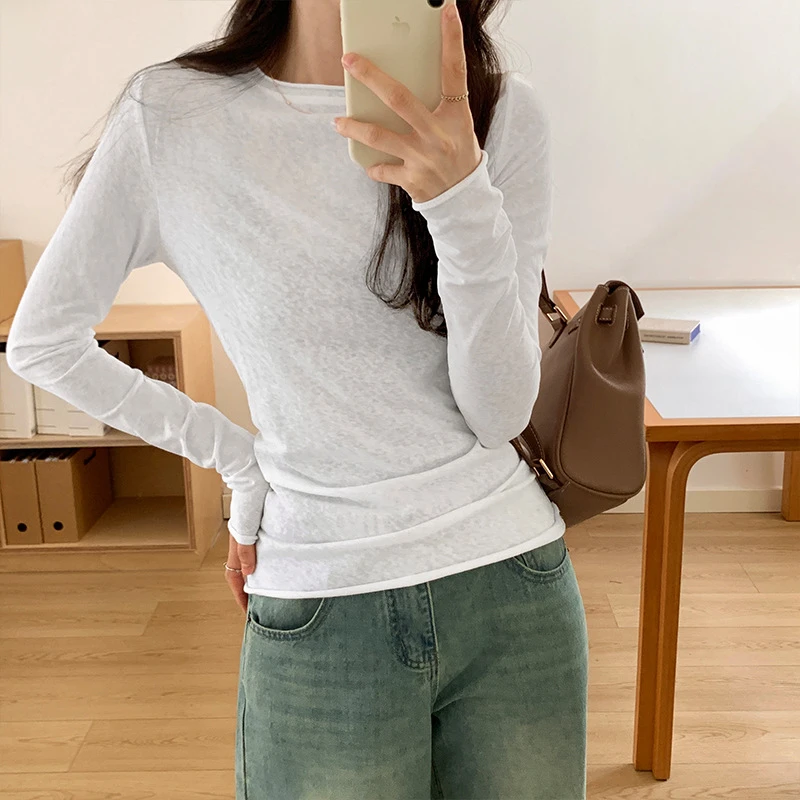 薄款纯欲辣妹长袖T恤女早秋2024新款百搭打底衫修身上衣内搭时尚
