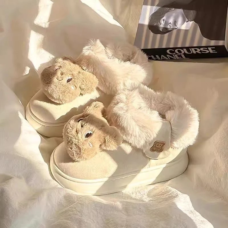 卡通可爱小熊加绒厚底雪地靴女2024冬季新款保暖拖鞋女款学生宿舍